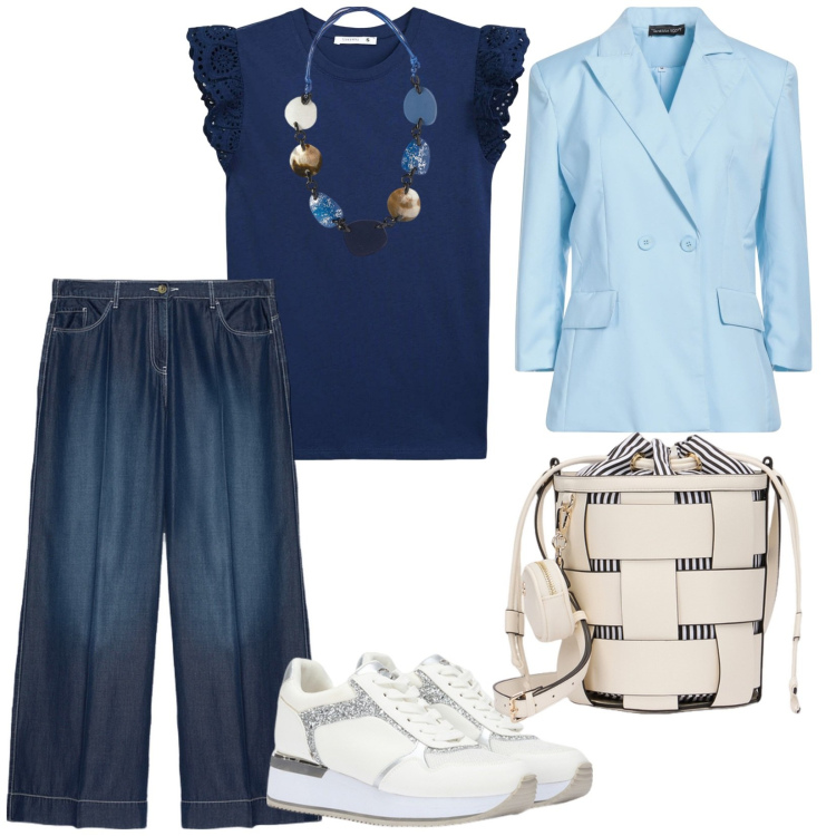 Outfit donna - La giacca celeste. per Tutti i giorni. Abbinamento con blazer, t-shirt, pantaloni, collane, sneakers, borse a secchiello.