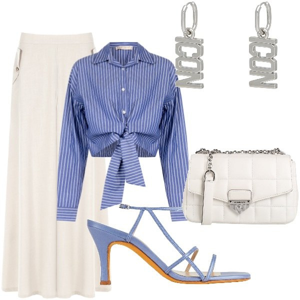 Outfit donna - la camicia annodata. Stile Casual per Tutti i giorni. Abbinamento con sandali in pelle, borse a tracolla, orecchini, gonne lunghe, camicie.