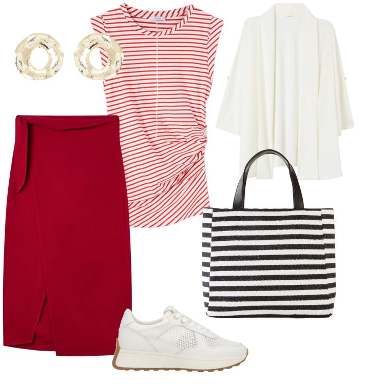 Outfit donna - A lavoro con le righe. per Ufficio. Abbinamento con borse a mano, sneakers, gonne longuette, blazer, orecchini, top.