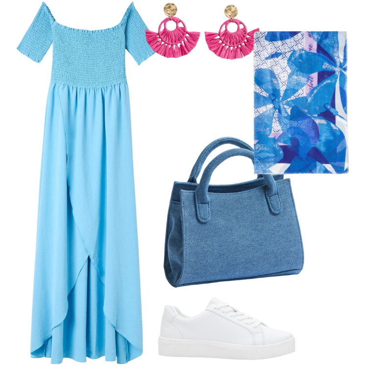 Outfit donna - Estate in città. per Tutti i giorni. Abbinamento con orecchini, sneakers, vestiti lunghi, borse a tracolla, stole.