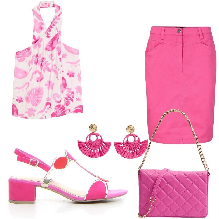 Outfit donna - Pink Lady. Stile Chic per Tutti i giorni. Abbinamento con gonne, orecchini, top, borse a tracolla, sandali col tacco.