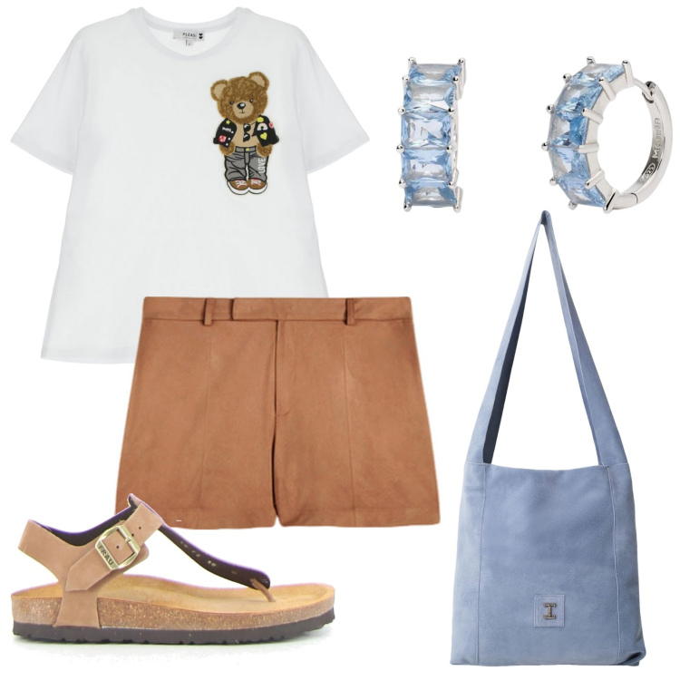 Outfit donna - Ererna Peter Pan. Stile Casual Abbinamento con orecchini, t-shirt, borse a tracolla, ciabatte, shorts.