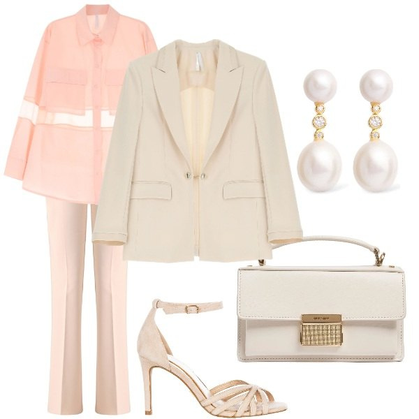 Outfit donna - la Cresima. Stile Casual chic per Cerimonia. Abbinamento con pantaloni, sandali col tacco, camicie, blazer, borse a mano, orecchini.