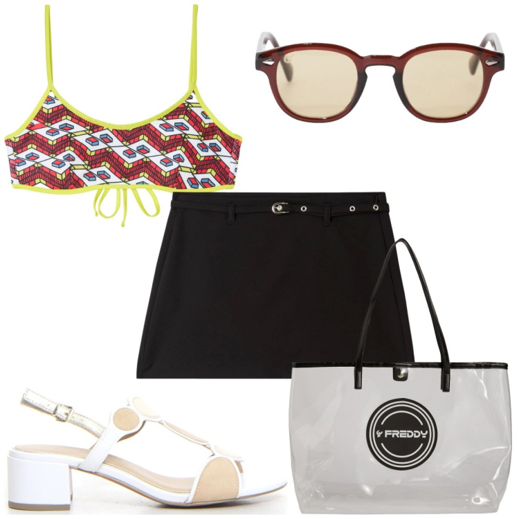Outfit donna - Total look #2168719. Stile Trendy per Mare. Abbinamento con bikini, minigonne, occhiali da sole, shopping bag, sandali col tacco.