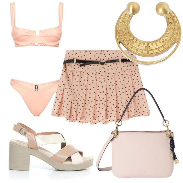 Outfit donna - Total look #2168720. Stile Romantica per Mare. Abbinamento con minigonne, bikini, orecchini, borse a tracolla, sandali col tacco.