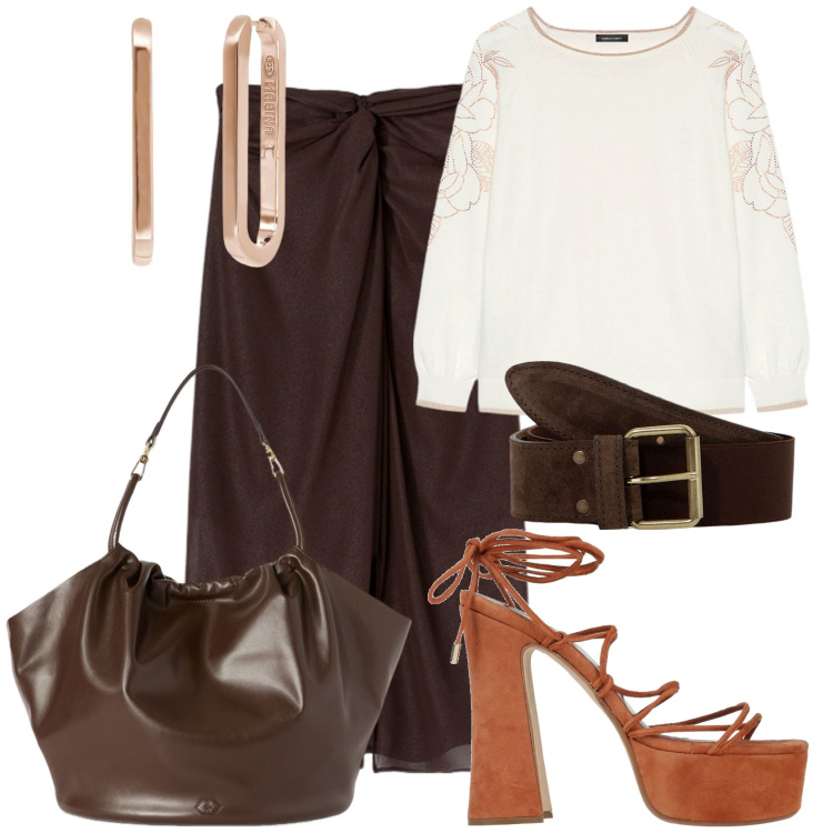 Outfit donna - Platform glamour. Stile Boho per Tutti i giorni. Abbinamento con sandali in pelle, orecchini, cinture, maglieria, borse a secchiello, gonne.