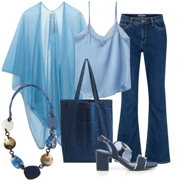 Outfit donna - Hippy chic. Stile Casual chic per Tutti i giorni. Abbinamento con jeans bootcut, top, shopping bag, cappe, sandali col tacco, collane.
