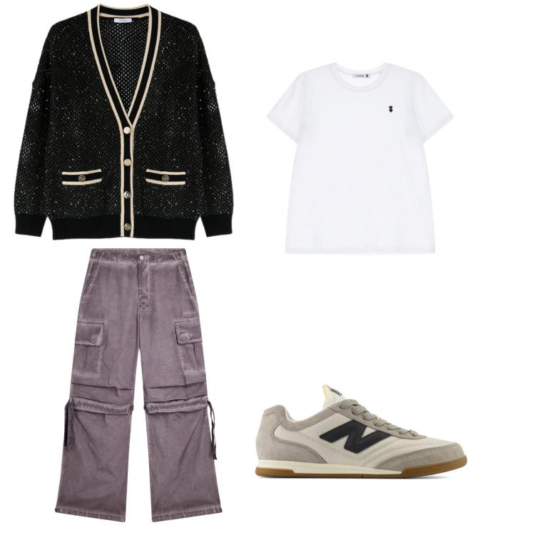 Outfit donna - Stile universitario. Stile Trendy per Scuola/Università. Abbinamento con sneakers, t-shirt, pantaloni cargo, cardigans.