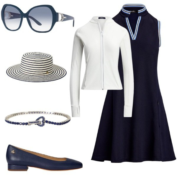 Outfit donna - Moda al Foro Italico. Stile Casual chic per Sport. Abbinamento con braccialetti, occhiali da sole, ballerine, vestiti senza maniche, blazer, cappelli.