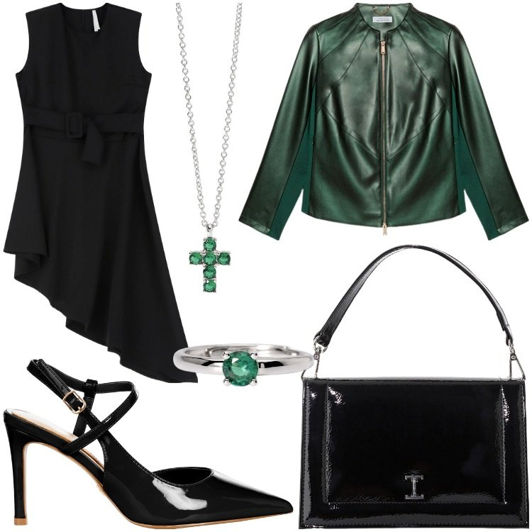 Outfit donna - La giacca biker. Stile Rock per Serata fuori. Abbinamento con anelli, ciondoli, décolleté, borse a tracolla, vestiti corti, blazer.