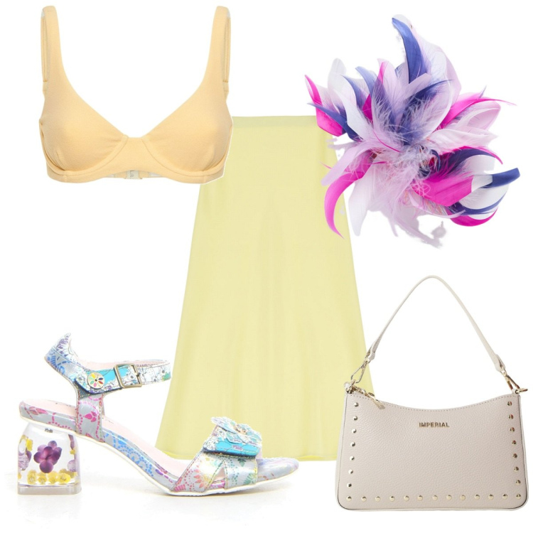 Outfit donna - Total look #2168743. Stile Trendy per Mare. Abbinamento con gonne longuette, borse a spalla, accessori per capelli, sandali col tacco, bikini.