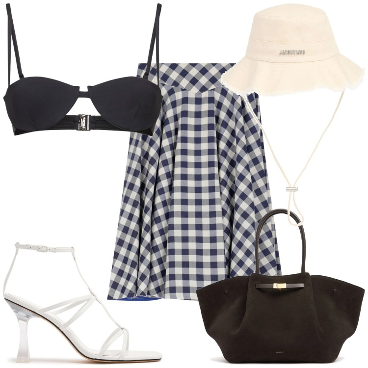 Outfit donna - Total look #2168745. Stile Vintage retrò per Mare. Abbinamento con gonne, cappelli, sandali in pelle, bikini, shopping bag.
