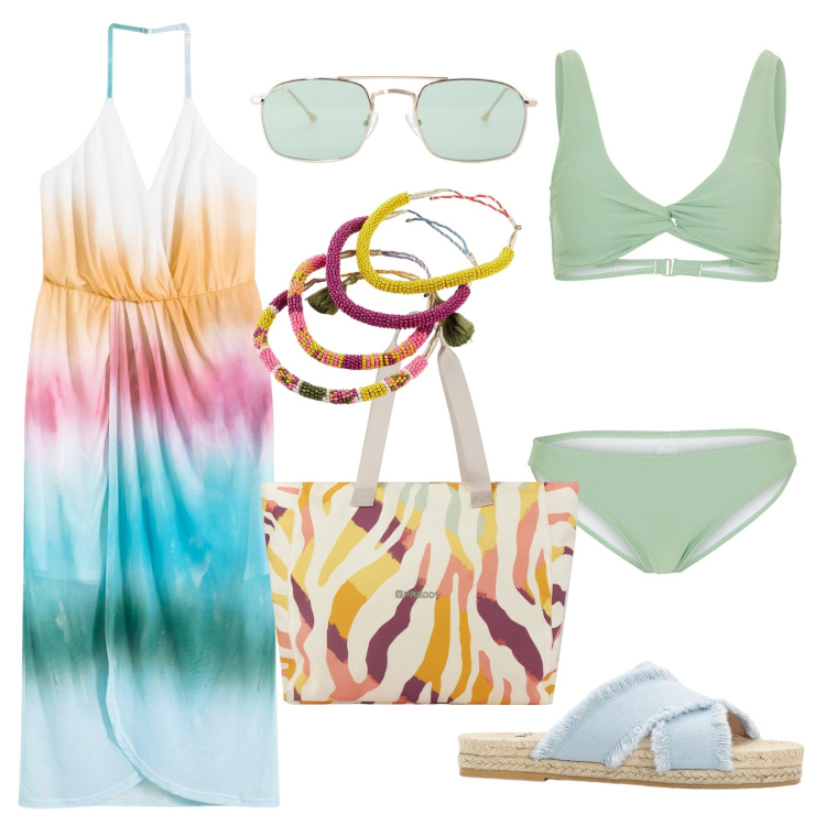 Outfit donna - Colorata al mare. Stile Etnico per Mare. Abbinamento con bikini, vestiti lunghi, ciabatte, braccialetti, occhiali da sole, shopping bag.
