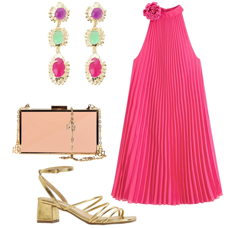 Outfit donna - L\'abito plissettato. Stile Bon Ton per Cerimonia. Abbinamento con sandali col tacco, vestiti, pochette, orecchini.