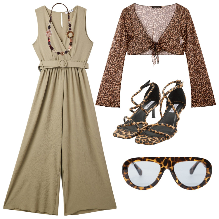 Outfit donna - Audace animalier. Stile Glamour per Serata fuori. Abbinamento con tute, bolero, sandali col tacco, occhiali da sole, collane.