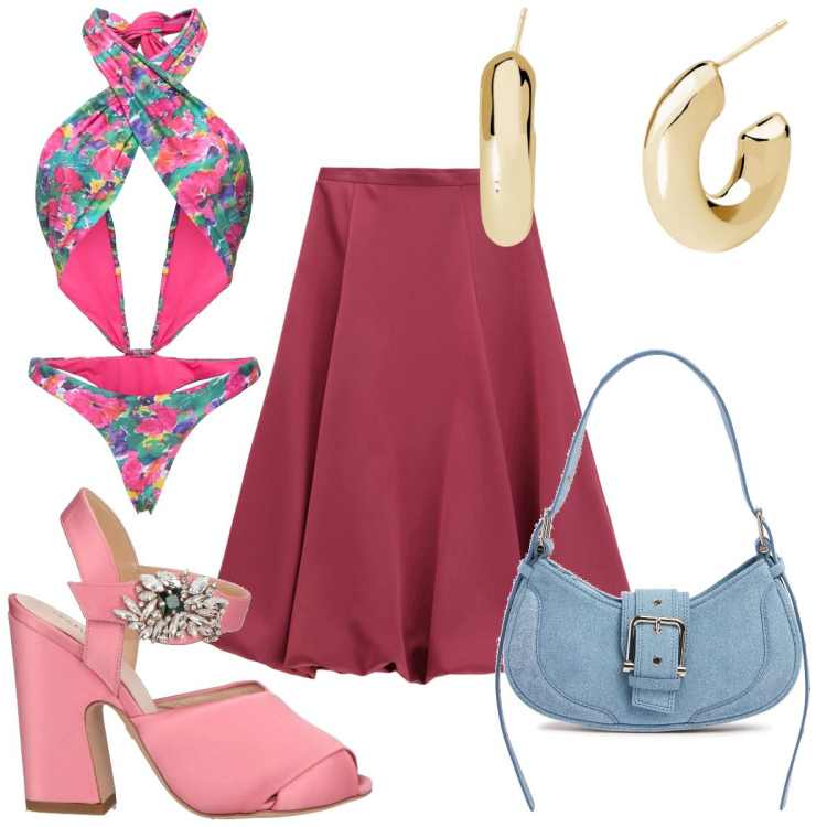 Outfit donna - Total look #2168753. Stile Trendy per Mare. Abbinamento con sandali in pelle, orecchini, gonne longuette, borse a spalla, costumi interi.