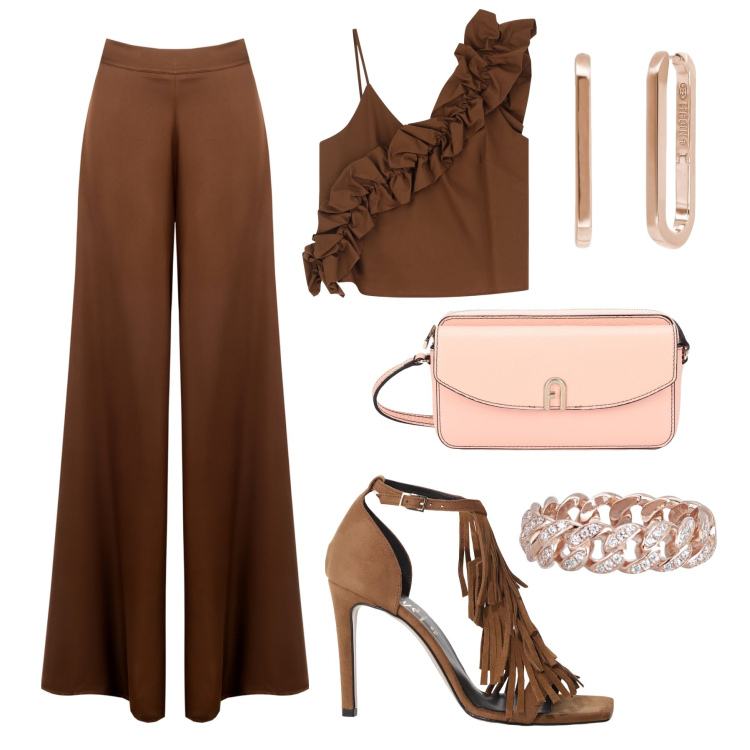 Outfit donna - Evento serale rosa e cioccolato. Stile Chic per Serata fuori. Abbinamento con borse a tracolla, pantaloni a palazzo, anelli, orecchini, top, décolleté.