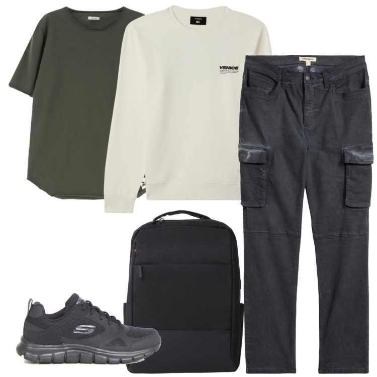 Outfit uomo - Felpa, t-shirt e cargo. Stile Urban per Tutti i giorni. Abbinamento con pantaloni cargo, felpe, t-shirt, borse sportive, sneakers.