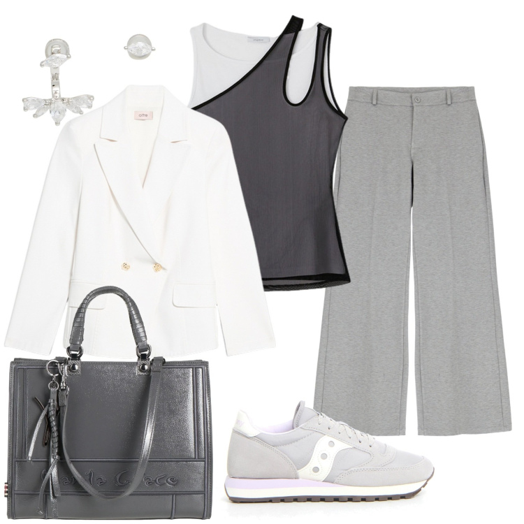 Outfit donna - Total look #2168758. Stile Casual per Tutti i giorni. Abbinamento con borse a mano, orecchini, pantaloni a palazzo, blazer, canottiere, sneakers.