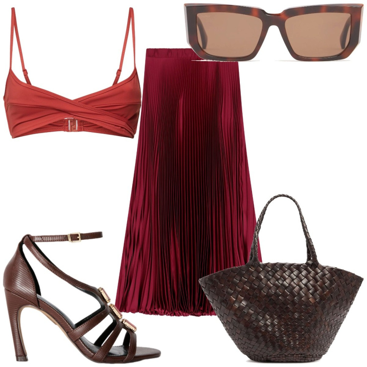 Outfit donna - Total look #2168762. Stile Trendy per Mare. Abbinamento con gonne lunghe, bikini, shopping bag, occhiali da sole, sandali gioiello.