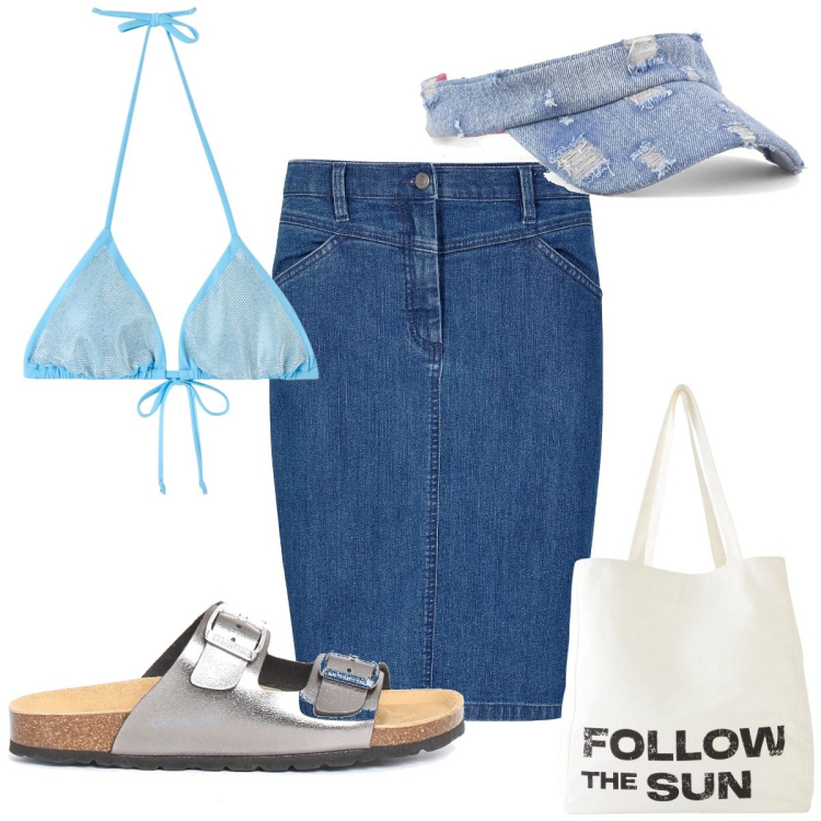 Outfit donna - Total look #2168763. Stile Trendy per Mare. Abbinamento con gonne, shopping bag, bikini, cappelli con visiera, ciabatte.