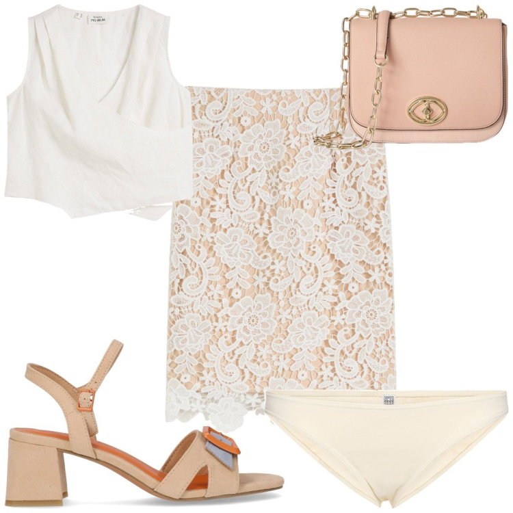 Outfit donna - Total look #2168764. Stile Romantica per Mare. Abbinamento con gonne, top, sandali col tacco, bikini, borse a tracolla.