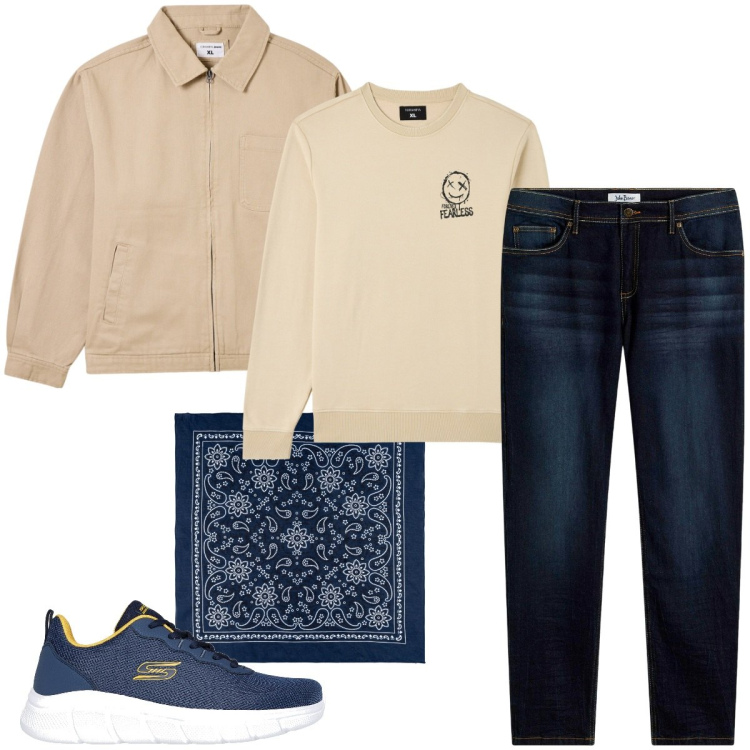 Outfit uomo - Total look #2168768. Stile Casual per Tutti i giorni. Abbinamento con jeans slim fit, felpe, giacche, sciarpe e foulard, sneakers.
