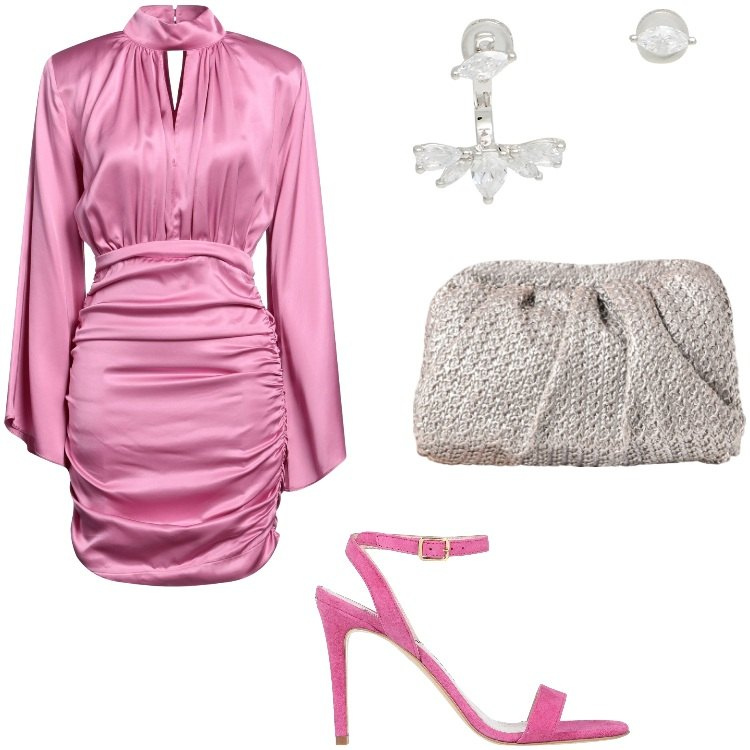 Outfit donna - Rosa e argento. Stile Glamour per Serata fuori. Abbinamento con sandali in pelle, orecchini, vestiti corti, clutch.