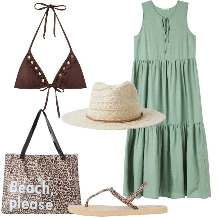 Outfit donna - Mare mare mare. Stile Trendy per Mare. Abbinamento con bikini, borse tote, cappelli, vestiti senza maniche, ciabatte.