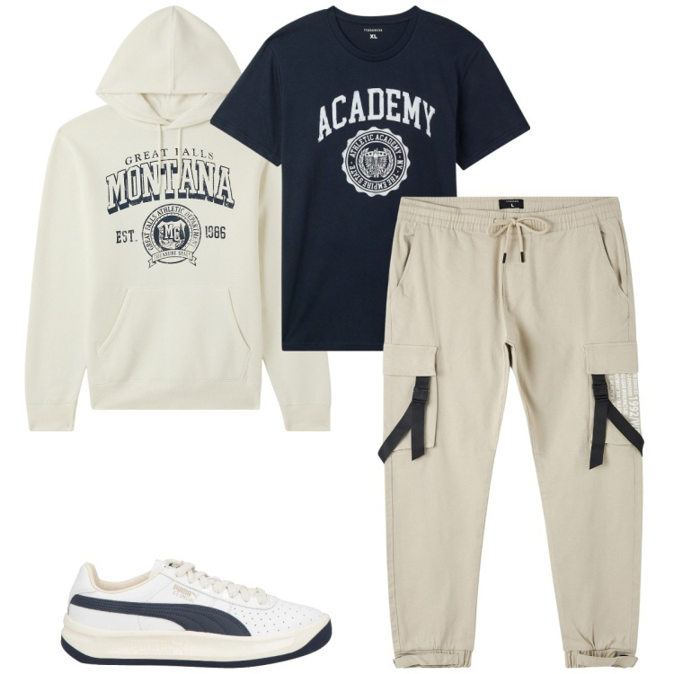 Outfit uomo - Total look #2168773. Stile Casual per Tutti i giorni. Abbinamento con sneakers, pantaloni cargo, t-shirt sportive, felpe sportive.