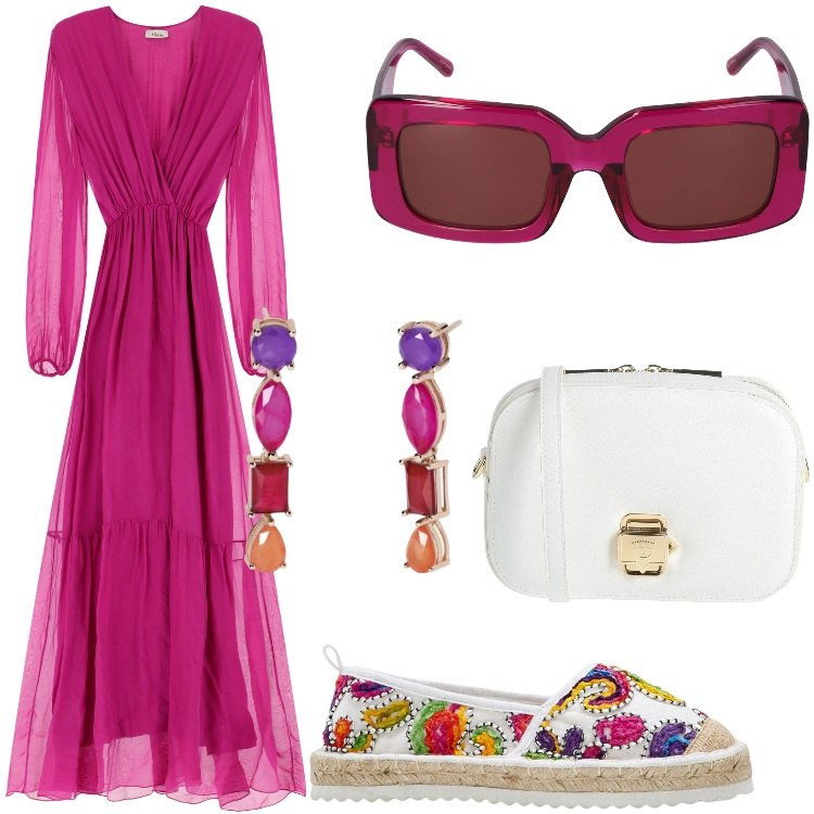 Outfit donna - Passeggiata in fucsia. Stile Casual chic per Tutti i giorni. Abbinamento con espadrillas, borse a tracolla, orecchini, vestiti lunghi, occhiali da sole.