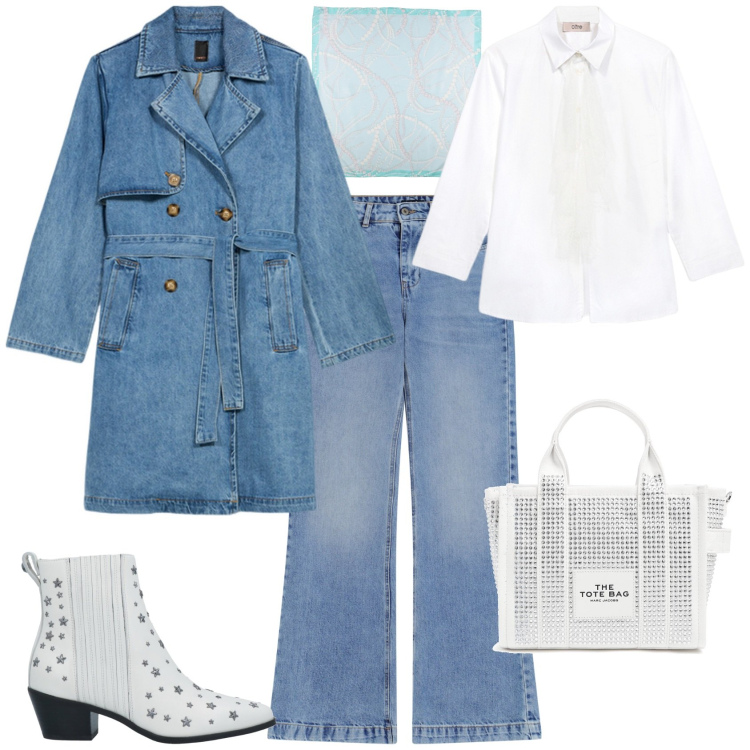 Outfit donna - Total look #2168782. Stile Urban per Tutti i giorni. Abbinamento con stivaletti chelsea, sciarpe, jeans, borse tote, trench, camicie.