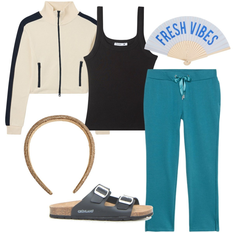 Outfit donna - Oggi smart working. Stile Basic per Tutti i giorni. Abbinamento con cerchietti, felpe, canottiere, accessori per capelli, pantaloni, ciabatte.