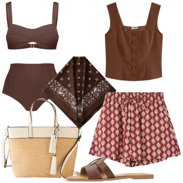 Outfit donna - Week end di giugno. Stile Etnico per Mare. Abbinamento con top, ciabatte, shopping bag, shorts, bikini, foulard.