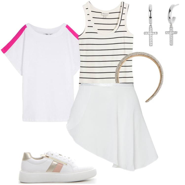 Outfit donna - Il gonnellino da danza. Stile Sporty chic per Sport. Abbinamento con t-shirt, canottiere, cerchietti, orecchini, minigonne, sneakers.