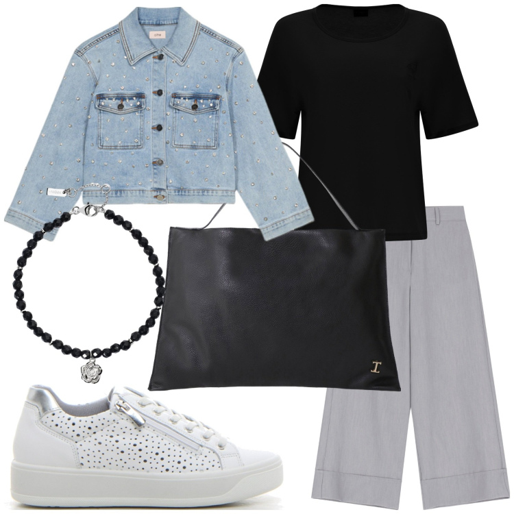Outfit donna - Look metropolitano. Stile Casual per Tutti i giorni. Abbinamento con braccialetti, borse a spalla, t-shirt, pantaloni a palazzo, sneakers, blazer.