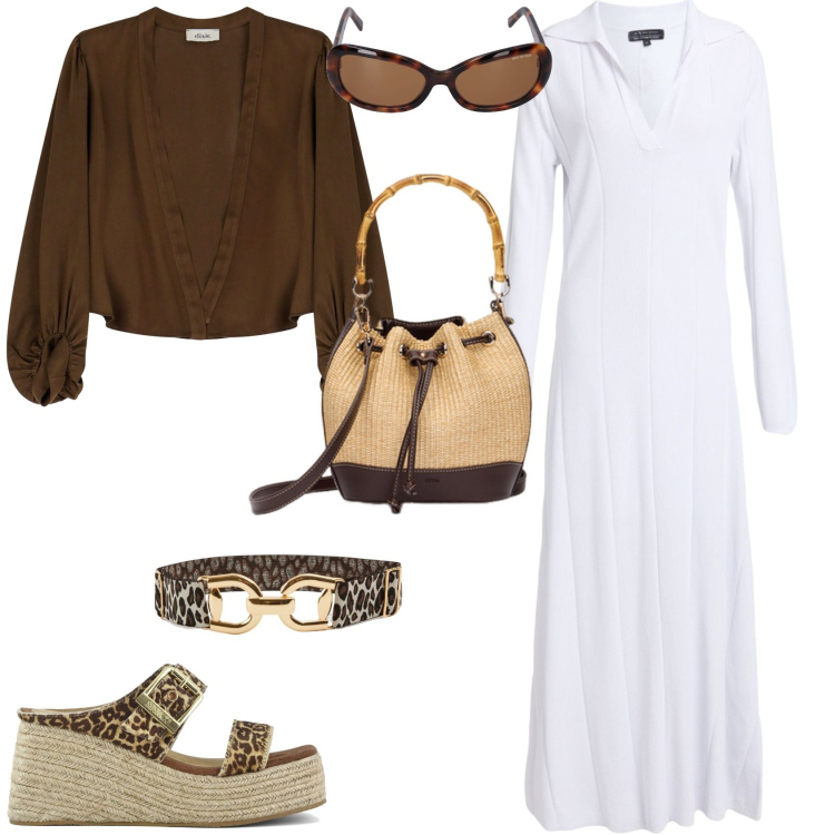 Outfit donna - Total look #2168795. Stile Minimal per Tutti i giorni. Abbinamento con vestiti midi/longuette, cinture, gilet, zeppe, occhiali da sole, borse a secchiello.