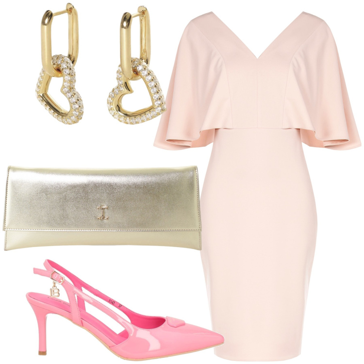 Outfit donna - Romanticismo per la testimone. Stile Bon Ton per Cerimonia. Abbinamento con décolleté, vestiti a tubino, orecchini, pochette.