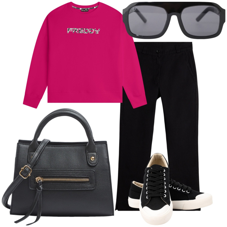 Outfit donna - Ufficio comodo felpa e sneakers. Stile Sporty chic per Ufficio. Abbinamento con borse a mano, occhiali da sole, felpe con cappuccio, pantaloni, sneakers.