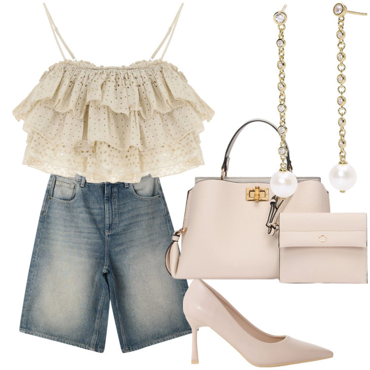 Outfit donna - I bermuda diventano da sera. Stile Glamour per Serata fuori. Abbinamento con bermuda, orecchini, décolleté, top, borse a mano.