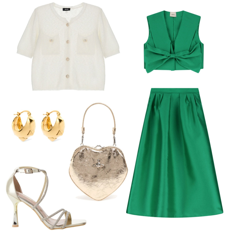 Outfit donna - Completo verde con accessori. Stile Casual chic per Serata fuori. Abbinamento con sandali col tacco, cardigans, gonne, pochette, orecchini.