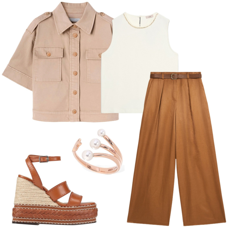 Outfit donna - Casual in marrone. Stile Casual per Tutti i giorni. Abbinamento con espadrillas, anelli, top, pantaloni a palazzo, camicie a manica corta.