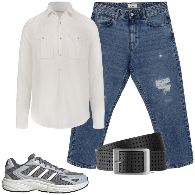 Outfit uomo - Total look #2168815. Stile Casual per Tutti i giorni. Abbinamento con cinture, jeans strappati, camicie, sneakers.