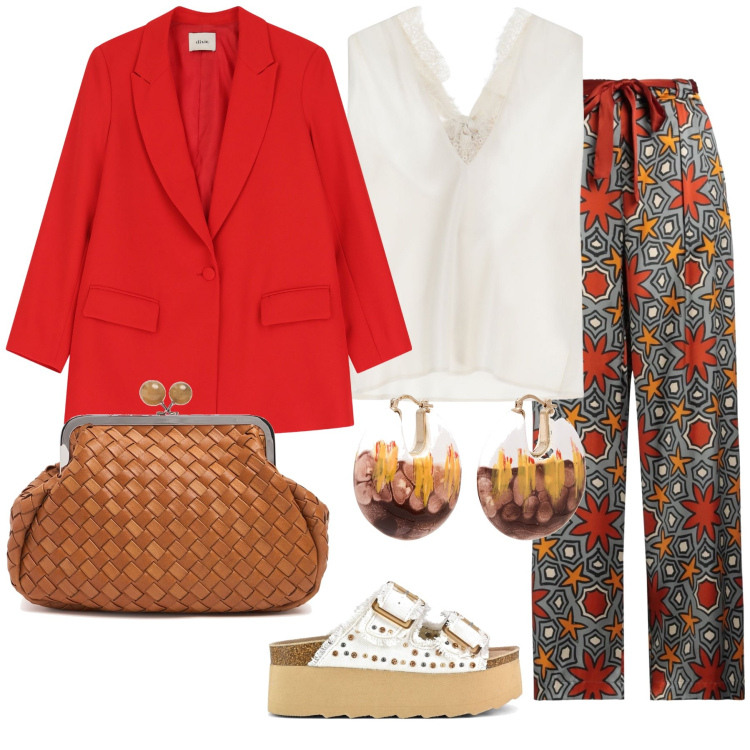 Outfit donna - Total look #2168816. Stile Chic per Tutti i giorni. Abbinamento con pantaloni, orecchini, top, blazer, sandali, pochette.