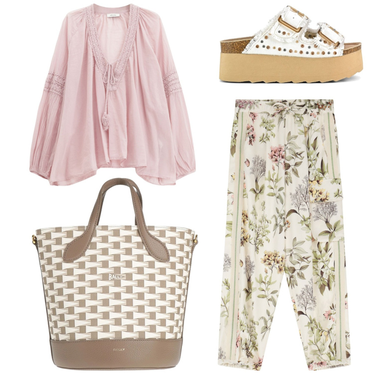 Outfit donna - Fantasia in rosa. Stile Casual per Tutti i giorni. Abbinamento con borse a secchiello, pantaloni chino, camicie, sandali.
