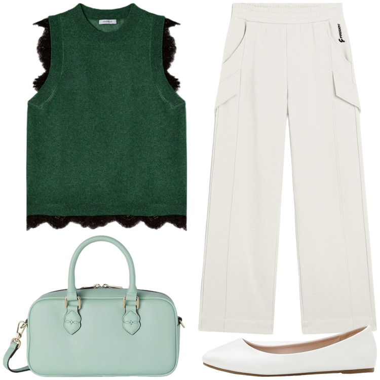 Outfit donna - Bianco e menta. Stile Casual chic per Tutti i giorni. Abbinamento con ballerine, pantaloni, borse a mano, top.