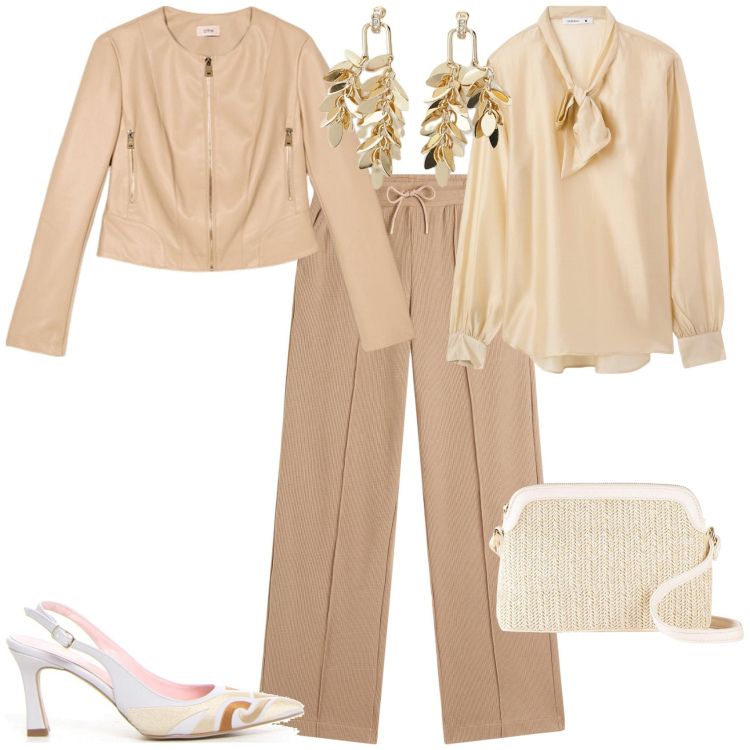 Outfit donna - Serata evento. Stile Trendy per Serata fuori. Abbinamento con borse a tracolla, bluse, orecchini, pantaloni, décolleté, giacche.