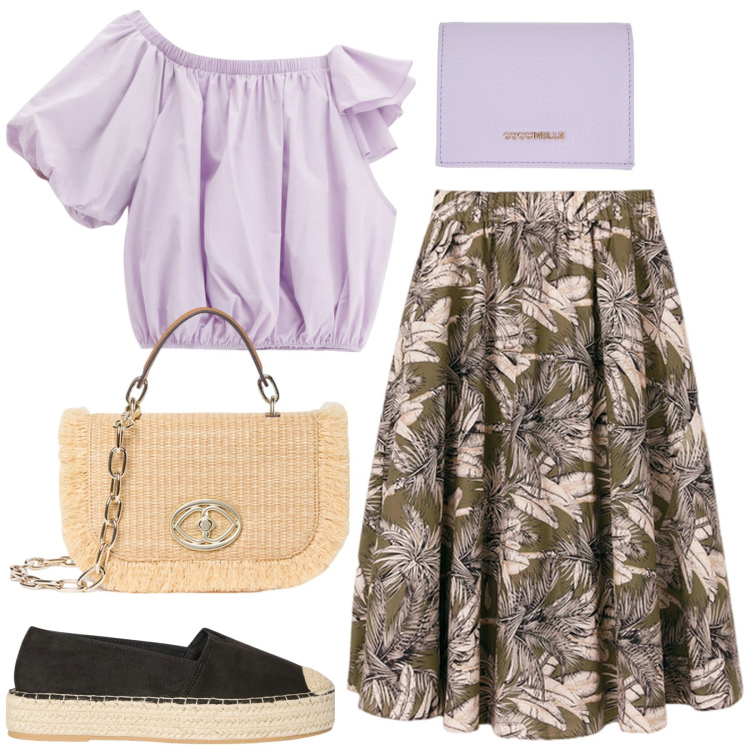 Outfit donna - Un tocco di lilla. Stile Casual chic per Mare. Abbinamento con portafogli, espadrillas, top, borse a tracolla, gonne longuette.