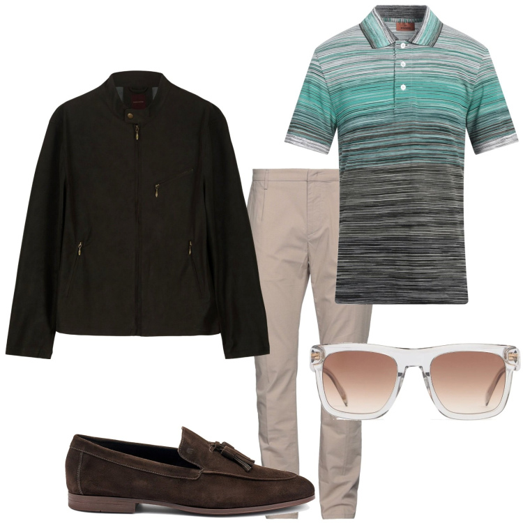 Outfit uomo - Total look #2168836. Stile Trendy per Tutti i giorni. Abbinamento con pantaloni, polo, giacche, occhiali da sole, scarpe stringate.