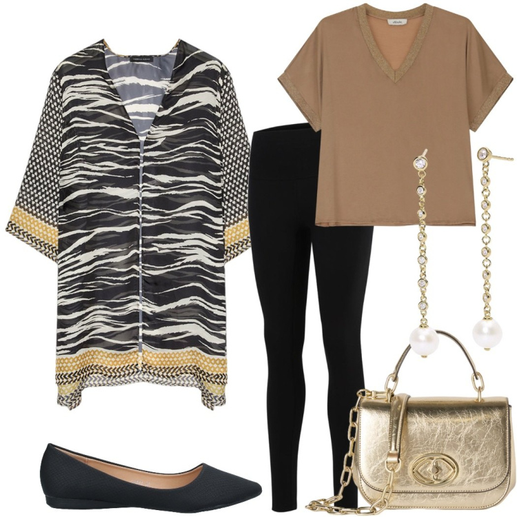 Outfit donna - Serata fuori. Stile Etnico per Serata fuori. Abbinamento con ballerine, orecchini, leggings, maglieria, caftani, borse a tracolla.